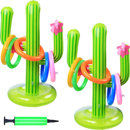 Gejoy 2 Pieces Inflatable Cactus Ring Toss Game Set Floating Swimming Ring Toss with 10 Pieces Inflatable Rings for Summer Hawaiian Pool Beach Luau Party Supplies