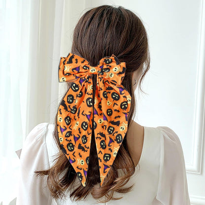 Halloween Silky Satin Hair Bows for Women,Big Ribbon Bow Hair Clips for Girls, Oversized Long Tail Hair Barrettes Cute Hair Accessories (Halloween purple)