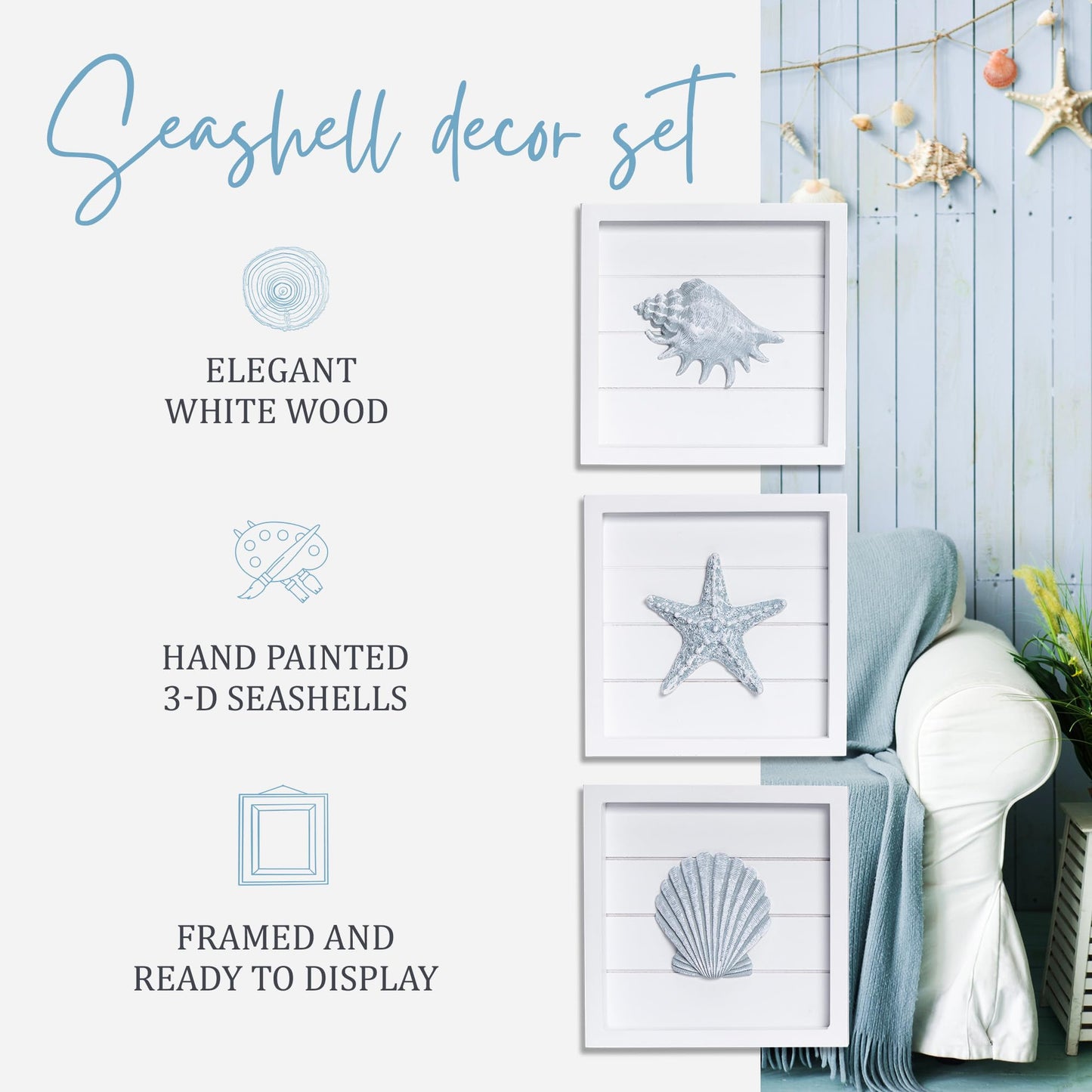 TideAndTales Blue Seashells and Starfish (Framed Set of 3) Coastal 3D Wall Art for Bathroom or Bedroom, Ocean-Inspired Beach Decorations for Home or Beach House