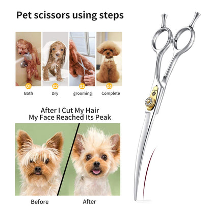 Dream Reach Dog Grooming Scissors - Professional Silver 7" Curved Trimming Shears for Dog Cat Pet Japanese 440C Stainless Steel