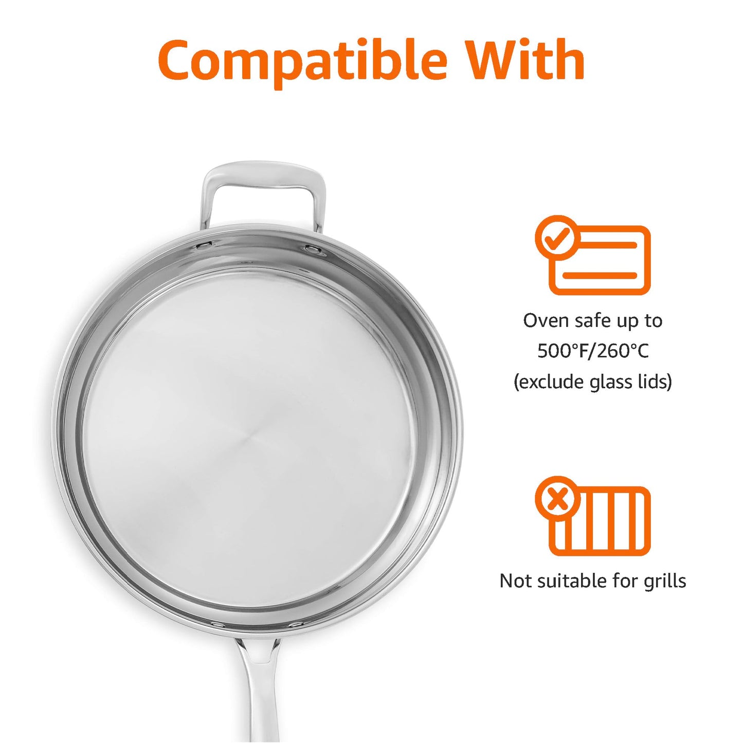 Amazon Basics Stainless Steel Cookware 15-Piece Set, Oven Safe, Pots and Pans, Induction-Ready, Even Heating, Easy to Clean, Heavy Duty, Silver