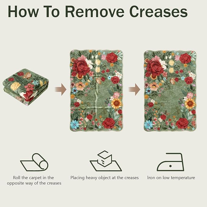 Washable Rugs for Living Room: 5x7 Area Rugs for Bedroom Soft Ultra Thin Stain Resistant Non Slip Low Pile Lightweight Vintage Floral Carpet for Dining Room Decor (Green)