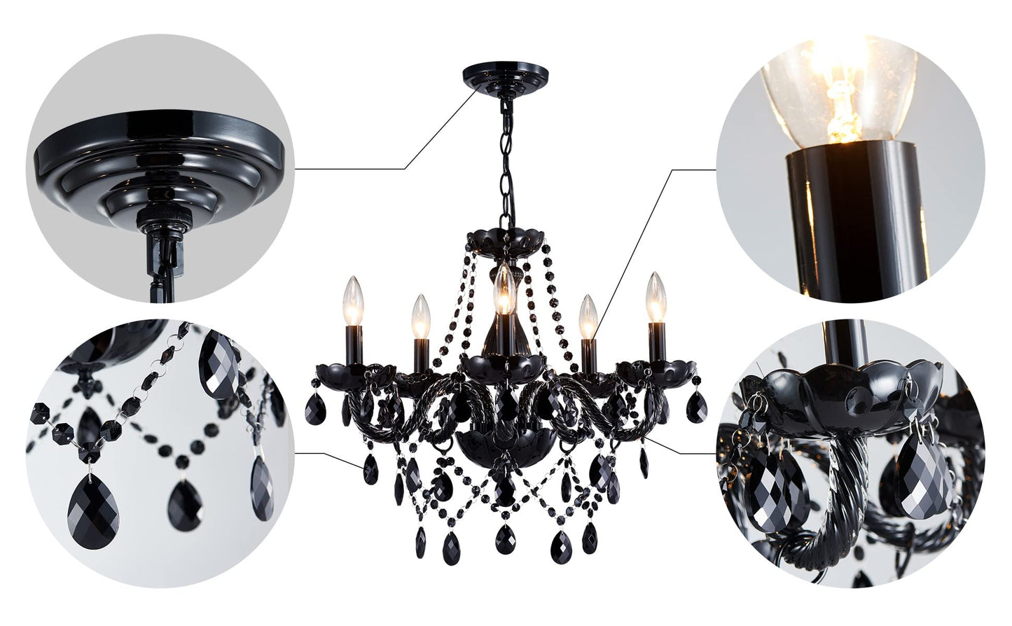 Saint Mossi Modern K9 Crystal Chandelier,Black Chandelier with 5 Lights E12 Base, Modern Pendant Ceiling Lighting Fixture for Dining Room,Bedroom,Living Room, D19 x H19 with Max 59" Adjustable Chain
