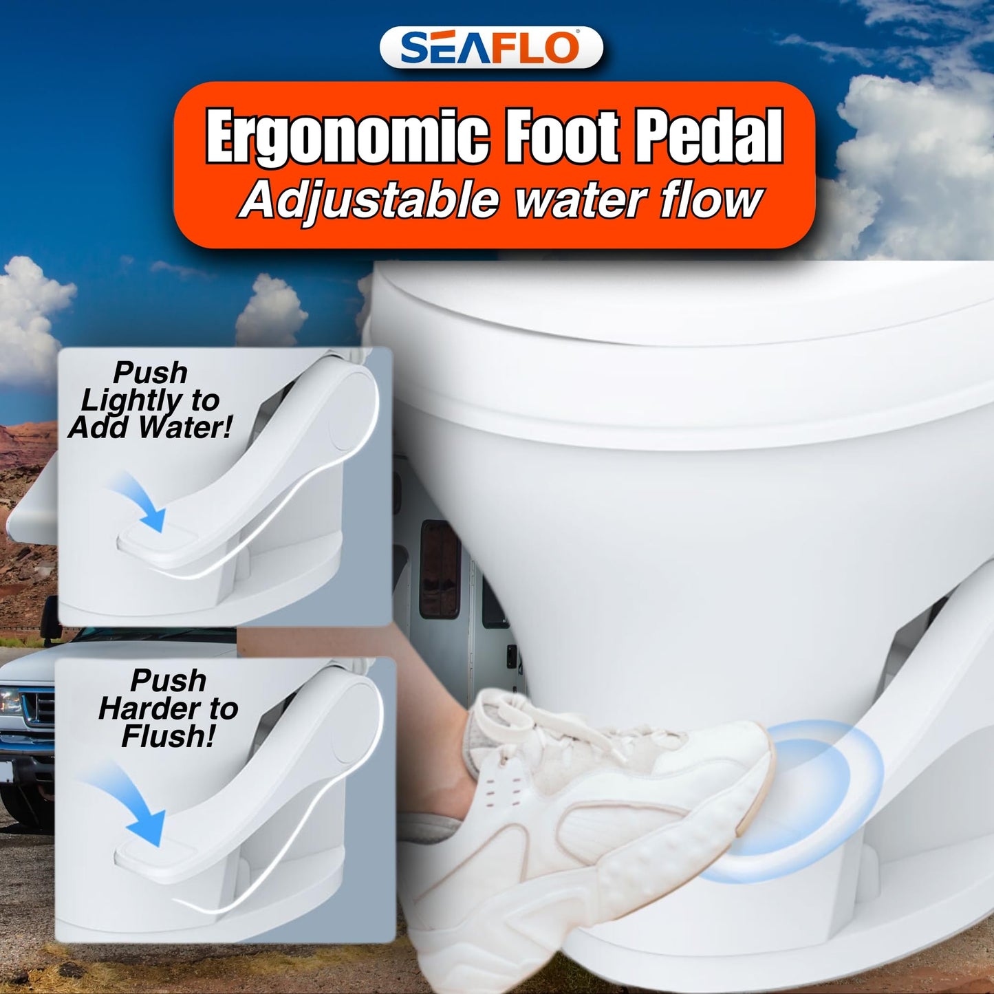 SEAFLO Residential Height Camper/RV Toilet with Sprayer Attachment, 18.5” Standard Height, Gravity Flush System, Foot Pedal Operation, Soft Close Seat, 4-Year Warranty (With Sprayer Attachment)