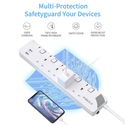 PIBEEX Extension Lead with 4 Way Plug Sockets, Wall Mountable Extension Socket with Individual Switches and 2 USB Charging Ports, 13A 3250W, 2M Extension Cord