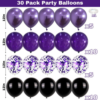Purple and Black Balloons, 12 Inch Metallic Purple Black Party Balloons Confetti Latex Helium Balloon for Halloween Graduation Birthday Wedding Party Decorations