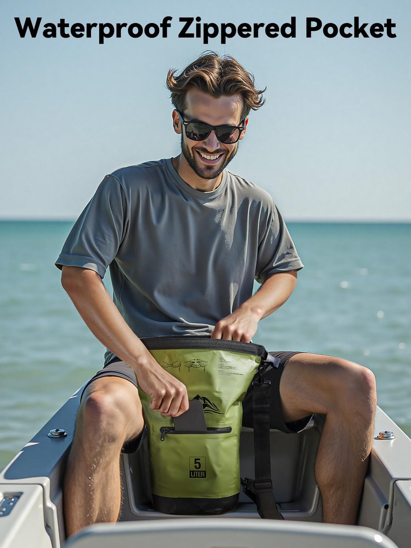 HEETA Waterproof Dry Bag with Front Zippered Pocket for Women Men, Roll Top Lightweight Dry Storage Bag Backpack for Travel, Kayaking, Boating, Rafting, Camping, Hiking & Beach (Green, 10L)