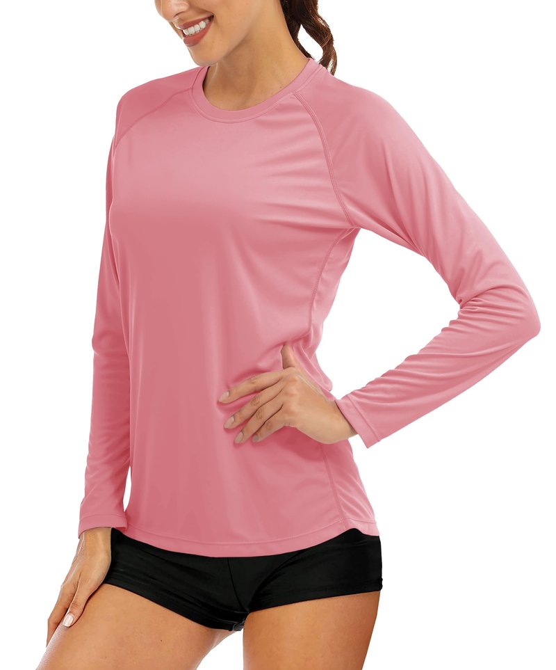 MAGCOMSEN Athletic Shirts for Women Fitted Workout Shirts for Women Sun Protection Shirts UPF 50+ Summer T Shirts Rash Guard Running Shirts Women Grey Pink