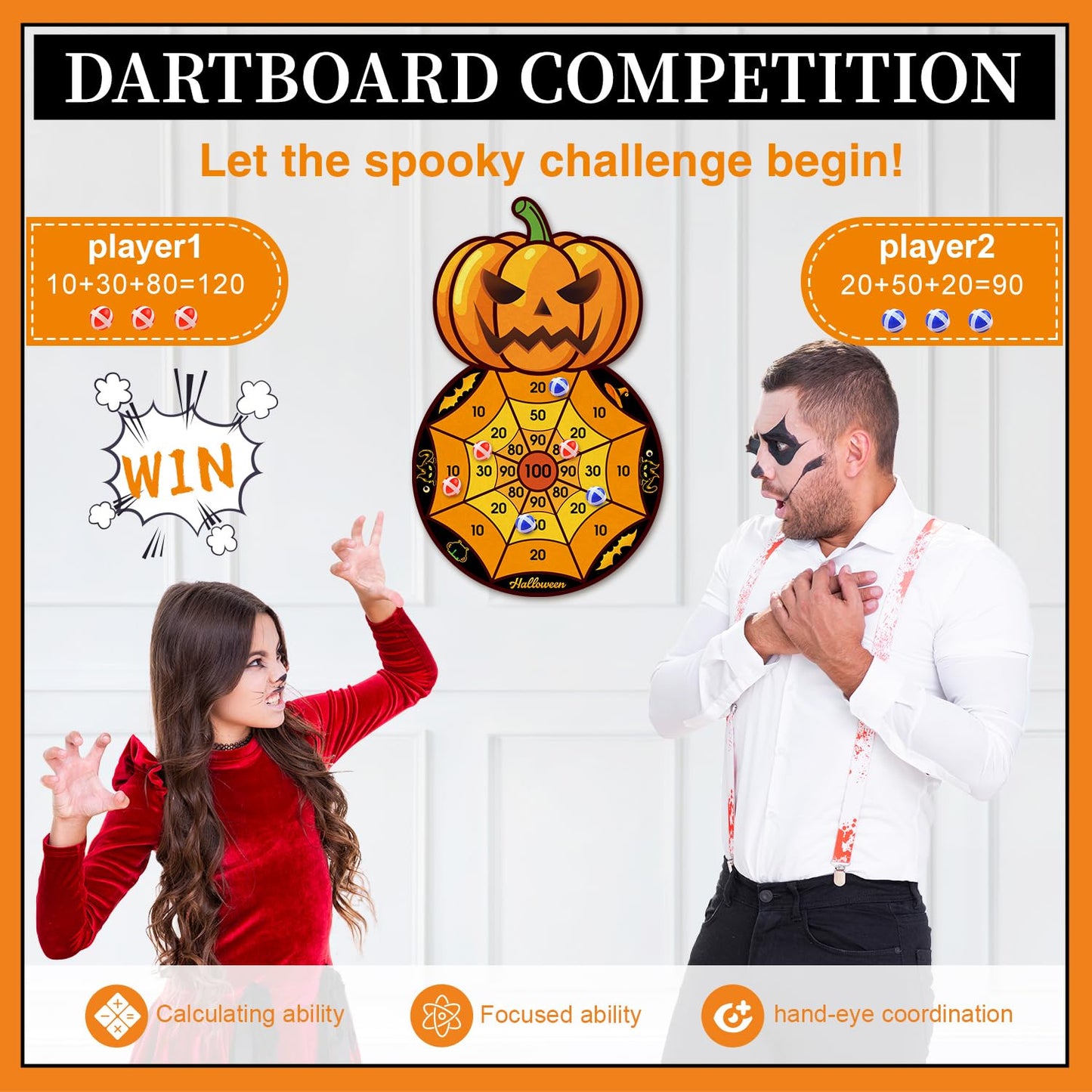 Halloween Party Games, Pumpkin Bat Black Cat Skeleton Witch Hat Dart Board with 12 Sticky Balls, Halloween Activities,Trunk or Treat Games for Party,Halloween Party Supplies Indoor Outdoor Decorations