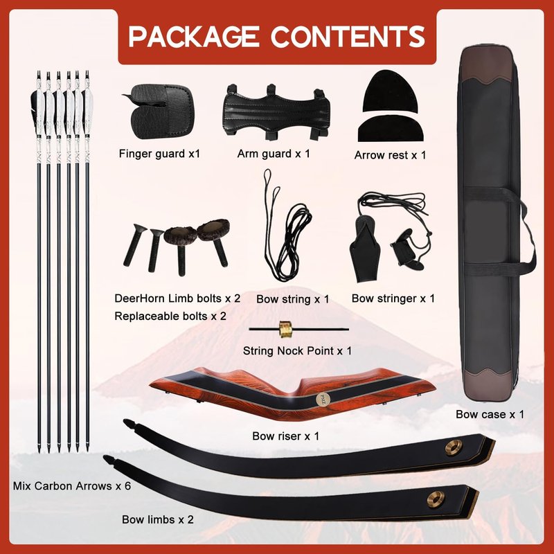 PMZ Recurve Bow and Arrow Set - 60" Wooden Takedown Bow Kit for Youth & Adults | 6 Arrows Included, 20-60lbs RH Only
