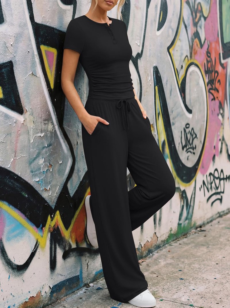 Trendy Queen Womens 2 Piece Sets Lounge Matching Set Cruise Casual Vacation Outfits Summer Airport Workout Gym Clothes Spring Fashion 2026 Teen Girl Wide Leg Pants Athletic Travel Tops Black M