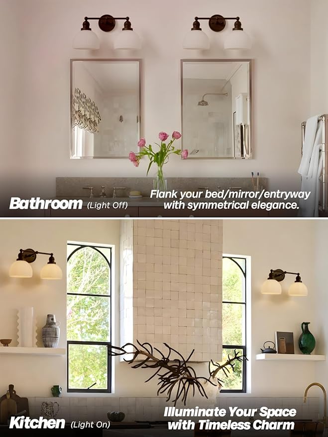 2-Light Wall Sconces,Black Double Bathroom Vanity Light with Milk Glass Minimalist Farmhouse Wall Sconce Light Lamp for Bathroom Mirror Living Room Bedroom Kitchen E26 Hardwire Indoor