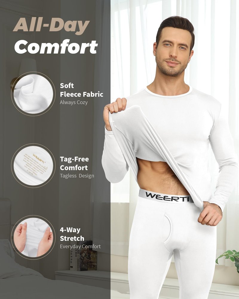 WEERTI Thermal Underwear for Men Long Johns with Fleece Lined Base Layer Men Cold Weather Top Bottom-White 4XL