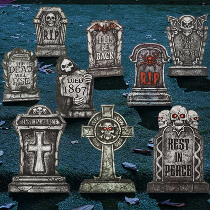 JOYIN 16" 9 Pcs Halloween Tombstones Decorations Outdoor, Graveyard Yard Lawn Plastic Headstones with 18 Metal Stakes for Halloween Cemetery, Indoor Decorations, Prop, Party Decor Supplies