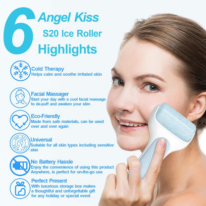 Angel Kiss Ice Roller for Face and Eye - Reduce Puffiness, Migraine, Pain and Minor Injury Relief, Ice Facial Roller Massager Cold Therapy, Self Care Product, Recommended by Esthetician w/Storage Case