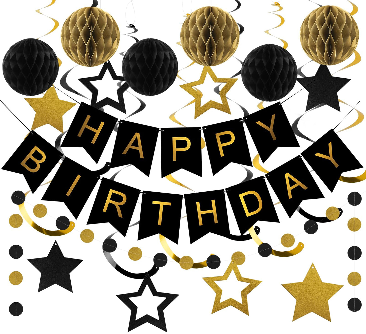 meowtastic Birthday Decorations, Happy Birthday Banner with Honeycomb Balls, Star Hanging Swirl Streamers, Circle Dot Garland, Happy Birthday Party Decorations for Women Men Boys Girls (Black & Gold)