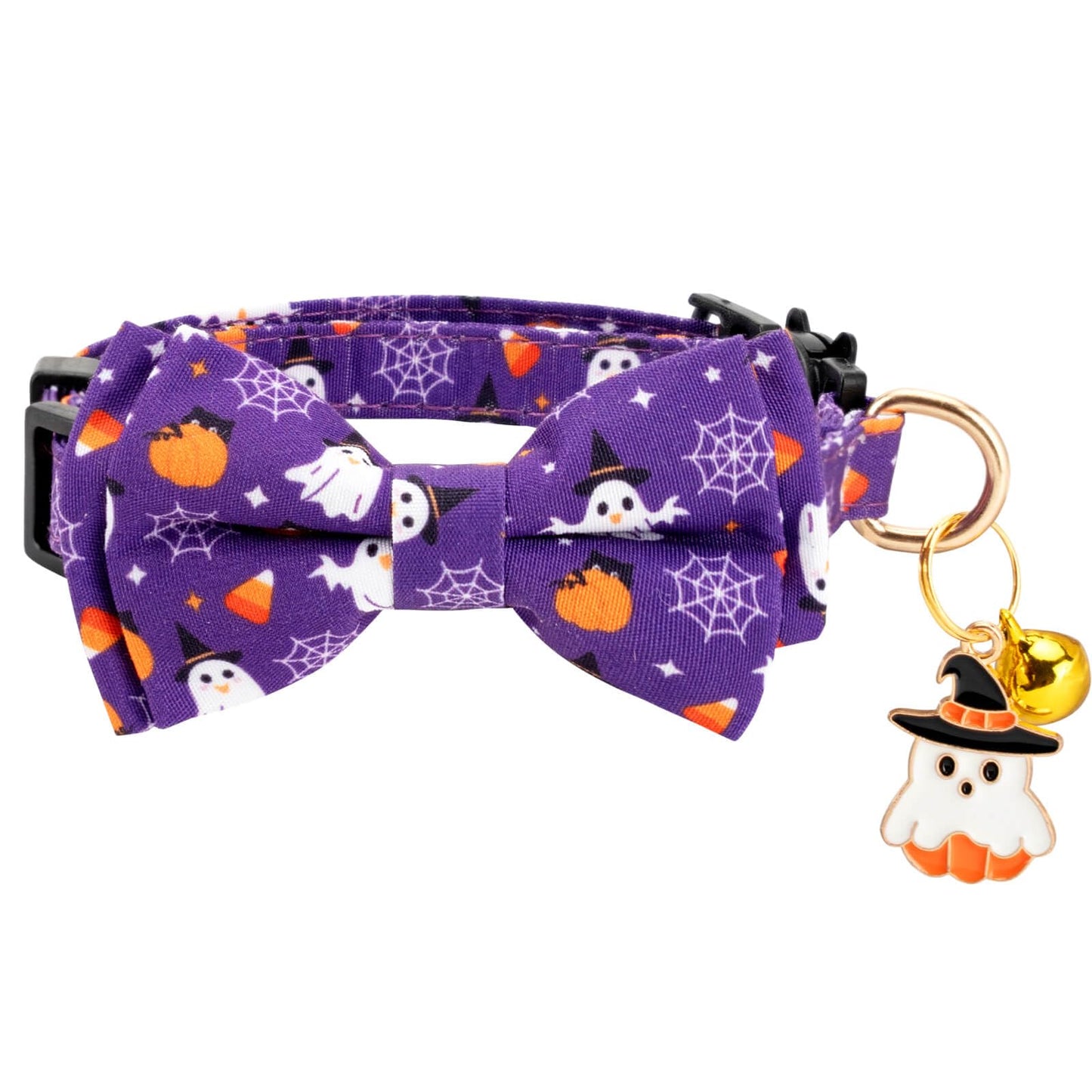 Gelwoo 2 Pack Halloween Cat Collar with Bow Tie and Bell for Male Female Cats,Soft Fancy Breakaway Kitty Kitten Collar with Ghost& Pumpkin Patterned Design for Boy Girl Cats. (Purple Ghost&Pumpkin)