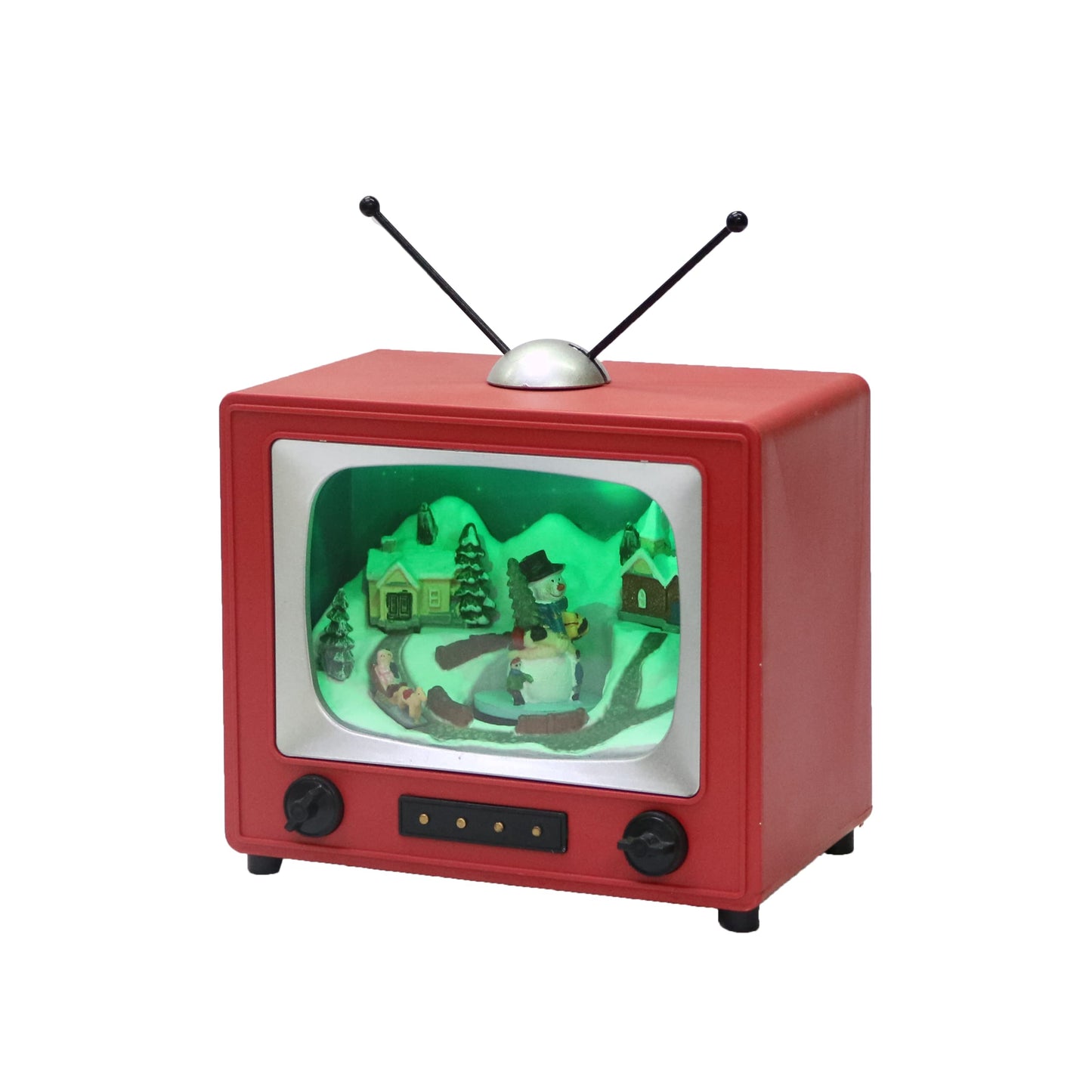 MOMENTS IN TIME Red Retro TV with Snowy Village Home Scene (Animated Snowman) with LED Lights 6" H, 8 Classic Carols Christmas Music Battery Operated Hand-Painted Resin Polyresin Injection Plastic