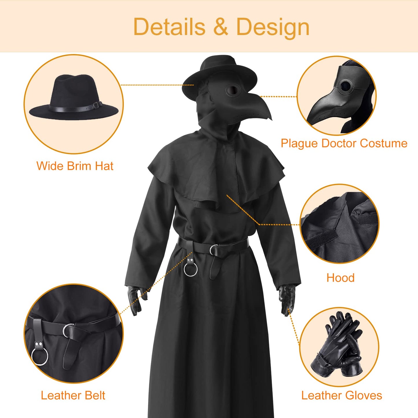 ATTBEA Halloween Costume Compatible for Plague Doctors with Bird Beak Mask, Black Cloak Robe with Hood, Medieval Monk Cosplay for Men priest Adults