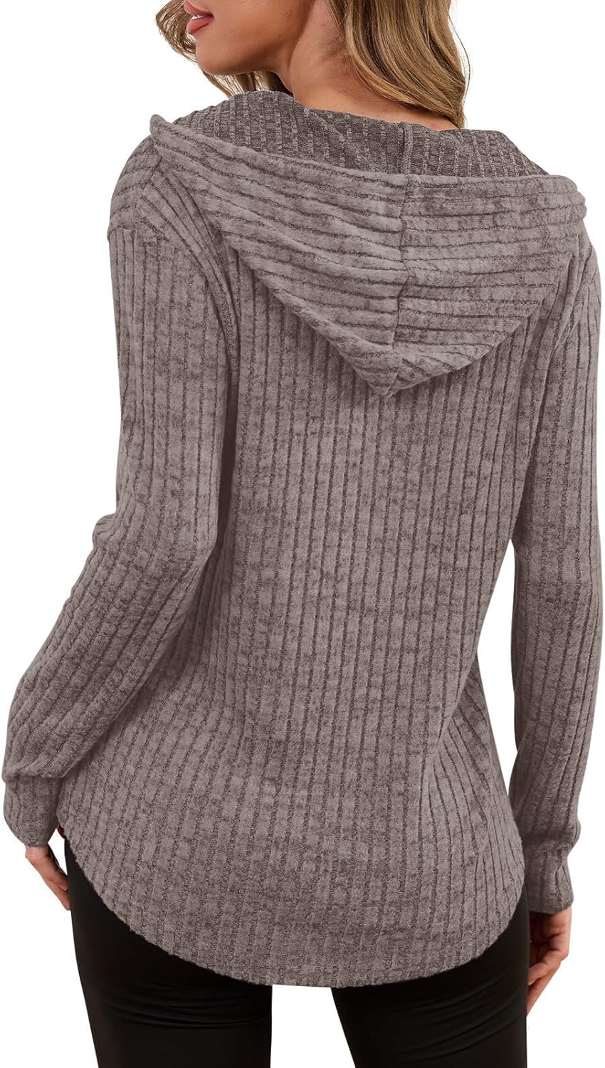 Lylinan Womens Cozy Knit Sweaters Hoodies Ribbed V Neck Pullover Sweatshirts for Fall Outfits S-XXL