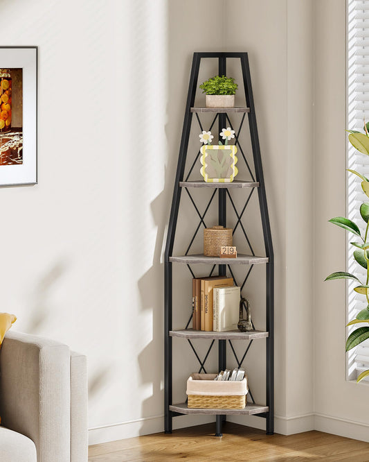 CHOEZON 5-Tier Corner Shelf, Corner Bookshelf, Ladder Shelf, Floor Standing Storage Rack, Open Display Stand, Plant Stand, for Living Room, Bedroom, Study, Bathroom, Greige and Black TCJ22BG
