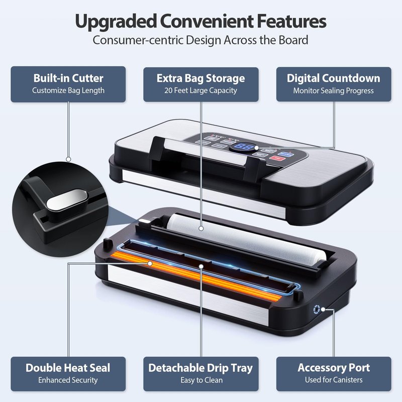 95Kpa Precision Pro Vacuum Sealer, with Double Heat Seal & Dual-Pump for Dry/Moist Food, 2X Strength, Food Vacuum Sealer Machine with Easy-Lock Handle, Built-in Cutter & Bag Storage, Stainless Steel