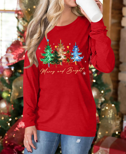 VVNTY Christmas Shirts for Women: Merry and Bright T Shirt Long Sleeve Christmas Tree Shirt Christmas Vacation Tees