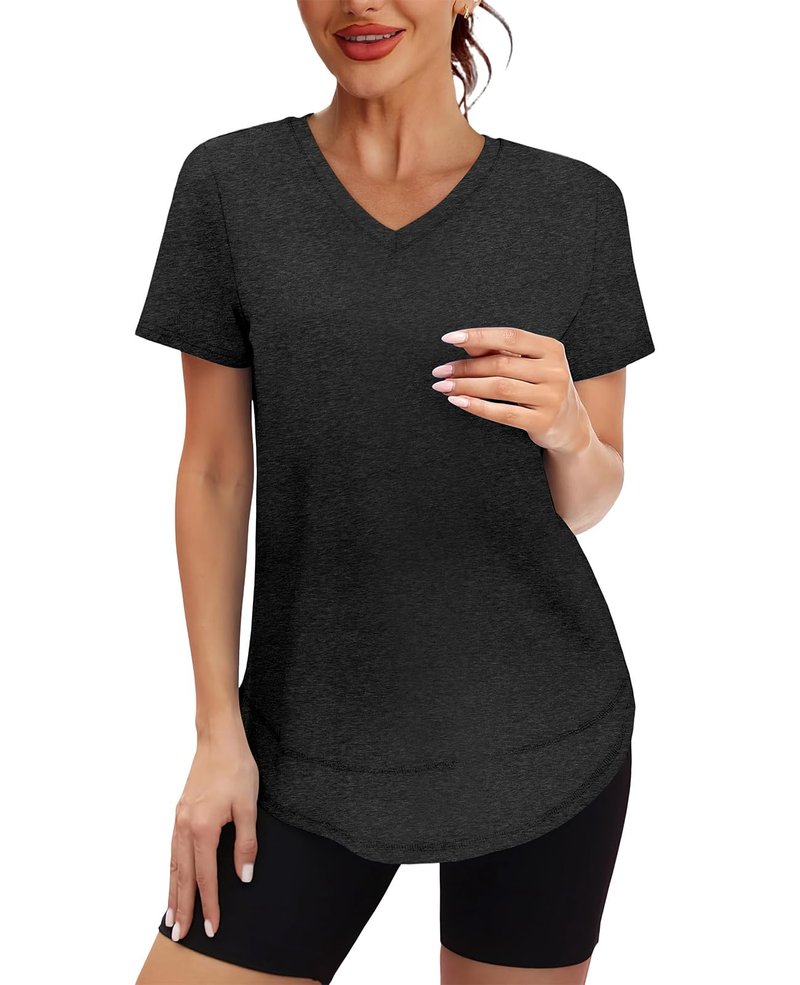 Short Sleeve Shirts for Women Workout Yoga Tops Sun Protection Clothing Summer Outfits Rash Guard Side Slit V Neck Black XL