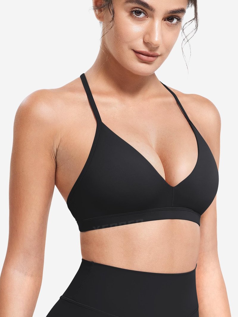 YEOREO CoreFlex Sports Bras for Women Strappy Padded Halter Open Back Light Impact Deep V Neck Yoga Workout Gym Tops Black M