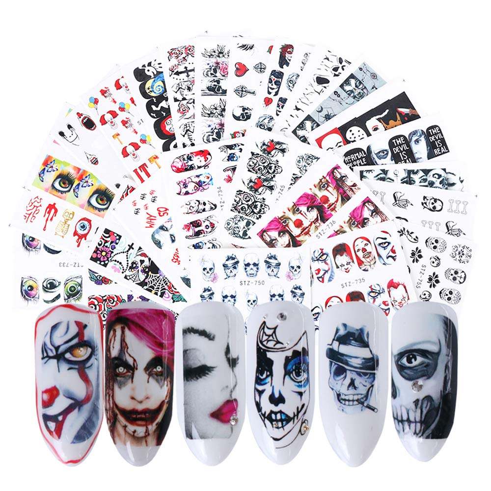 Halloween Nail Stickers - 24 Sheets Day of The Dead Water Transfer Nail Decals Ghost Spider Face Web Witch Skeleton Nail Art Stickers Wraps Manicure Tips Strips Decoration for Halloween Party Supply