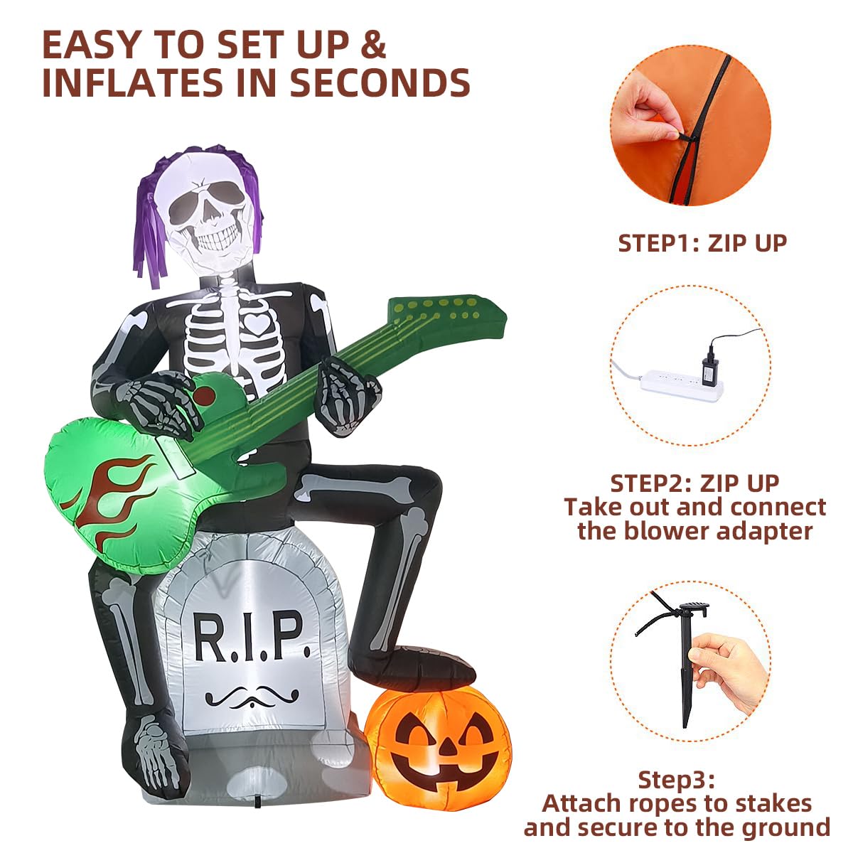 Halloween Inflatables Outdoor Decorations,7 Feet Rock Jack on Tombstone, Ghost with Pumpkin Decor, LED Lights, Blow up Lighted Yard Lawn Home