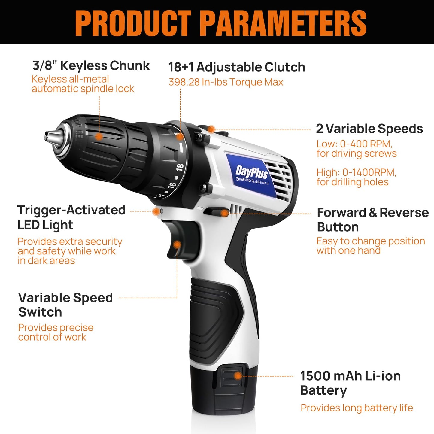 Mini Cordless Drill Driver Kit w/One Battery, 12V Electric Screwdriver Driver Tool Kit with LED Work Light, Max Torque 45 N.m, 3/8 Inch Keyless Chuck, 18+1 Position, Dual Speed 0-400/1400rpm