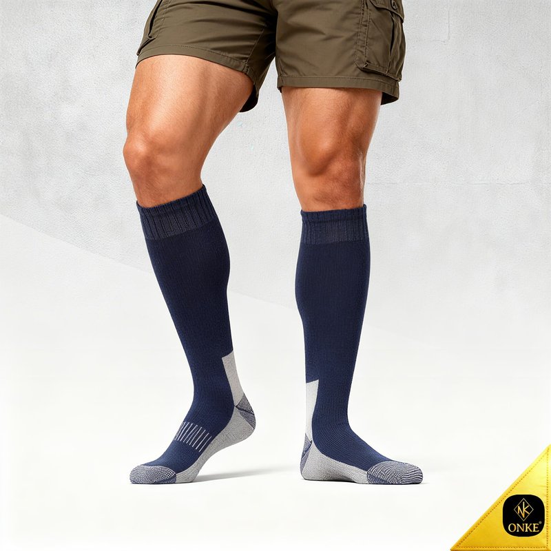 ONKE Knee High Socks for Men Work Boot Heavy Duty Tube Over the Calf Thick Full Cushion Moisture Control Durable Breathable(NavyBlue L)