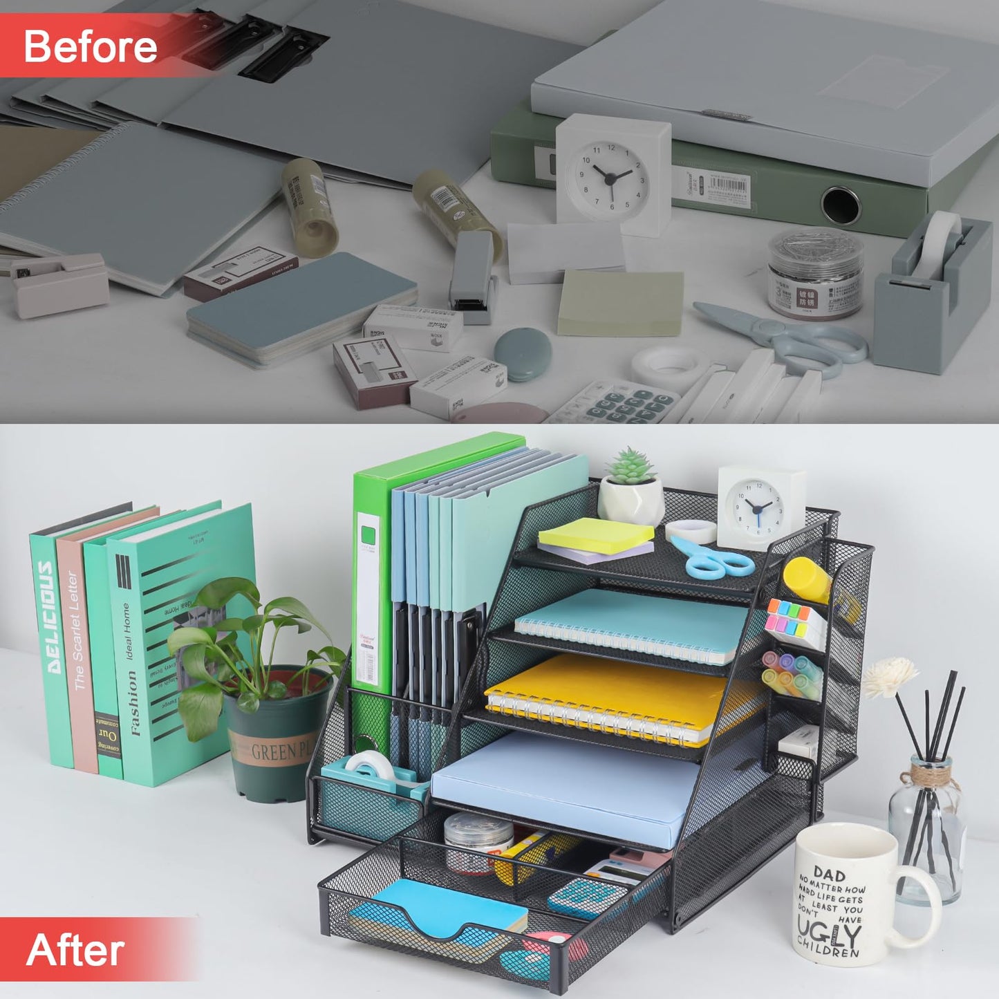 GALASALA Mesh Desk Organizer, 5 Tier Paper Letter Tray with Extra Vertical File Sorter, Sliding Drawer and Pen Holders for Desk Accessories Office Supplies, Black