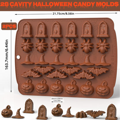 Gummy Skull Candy Molds Silicone, 4 Pack Mini Skull Gummie Chocolate Mold Halloween Spider Witch Hat Pumpkin Candy Gummy Mold with 4 Droppers for Chocolate, Candy, Jelly, Ice Cube, Dog Treat (Brown)