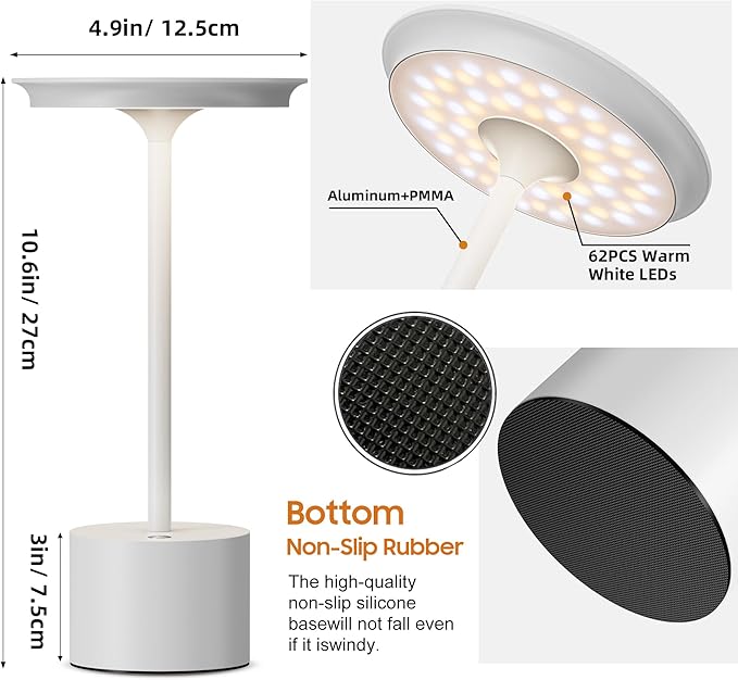 Cordless Table Lamp, Portable Rechargeable 6000mAh Outdoor Table Lamp, 3 Color Stepless Dimming Battery Powered Lamp, LED Table Light for Dinner/Bedroom/Restaurant/Outdoor (White)