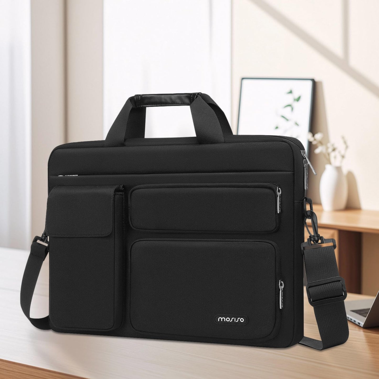 MOSISO Laptop Bag 16 inch, 15-15.6 inch Computer Shoulder Bag Compatible with MacBook Air 15 M4 M3 M2/Pro 16 M4 M3 M2 M1, Notebook &2 Raised&1 Flapover&1 Horizontal Pocket&Handle&Belt, Black