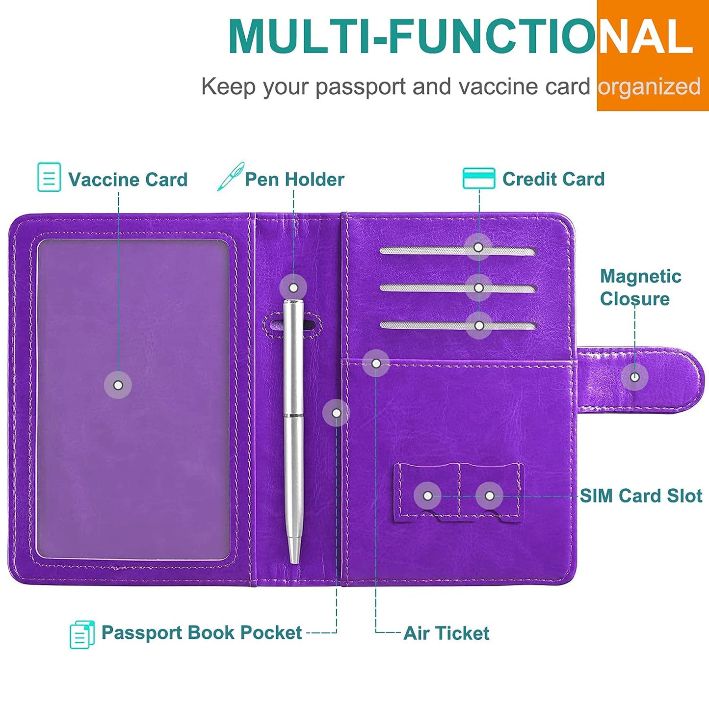 RSAquar Unisex Faux Leather Passport and Vaccine Card Holder Combo, Purple, Slim and Lightweight with RFID Blocking Technology