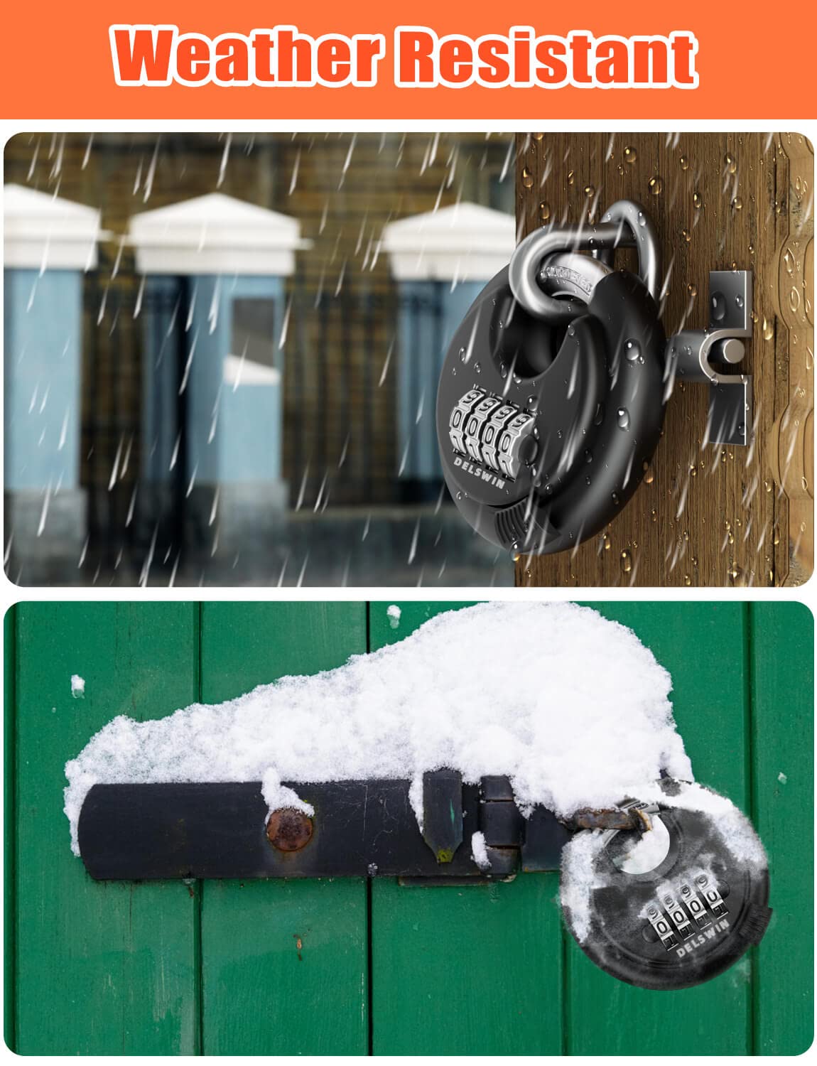 DELSWIN 4-Digit Disc Combination Lock Outdoor - Heavy Duty Combination Padlocks with Hardened Steel Shackle Weatherproof Combo Locks for Gates,Sheds,Fence,Storage Unit (3/8" Shackle, Black,2 Pcs)