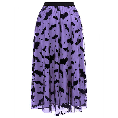 CHICWISH Women's Purple Tulle Tutu Skirt Velvet Bats Elastic Waist Halloween Party Layered Mesh Midi Skirt Halloween Costumes