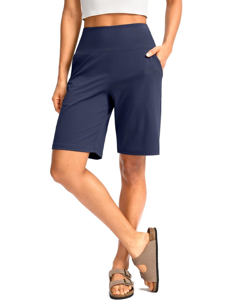 G Gradual Women's Bermuda Long Shorts with Pockets 9" High Waisted Knee Length Shorts for Women Walking Athletic Workout(Navy,M)