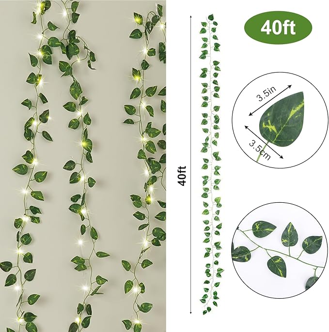 CEWOR Pothos Vine with Fairy Lights Battery Operated, 40ft 120 LED Ivy String Lights, Artificial Ivy Garland with Lights for Bedroom, Room, Wall, Garden, Party, Wedding Decor