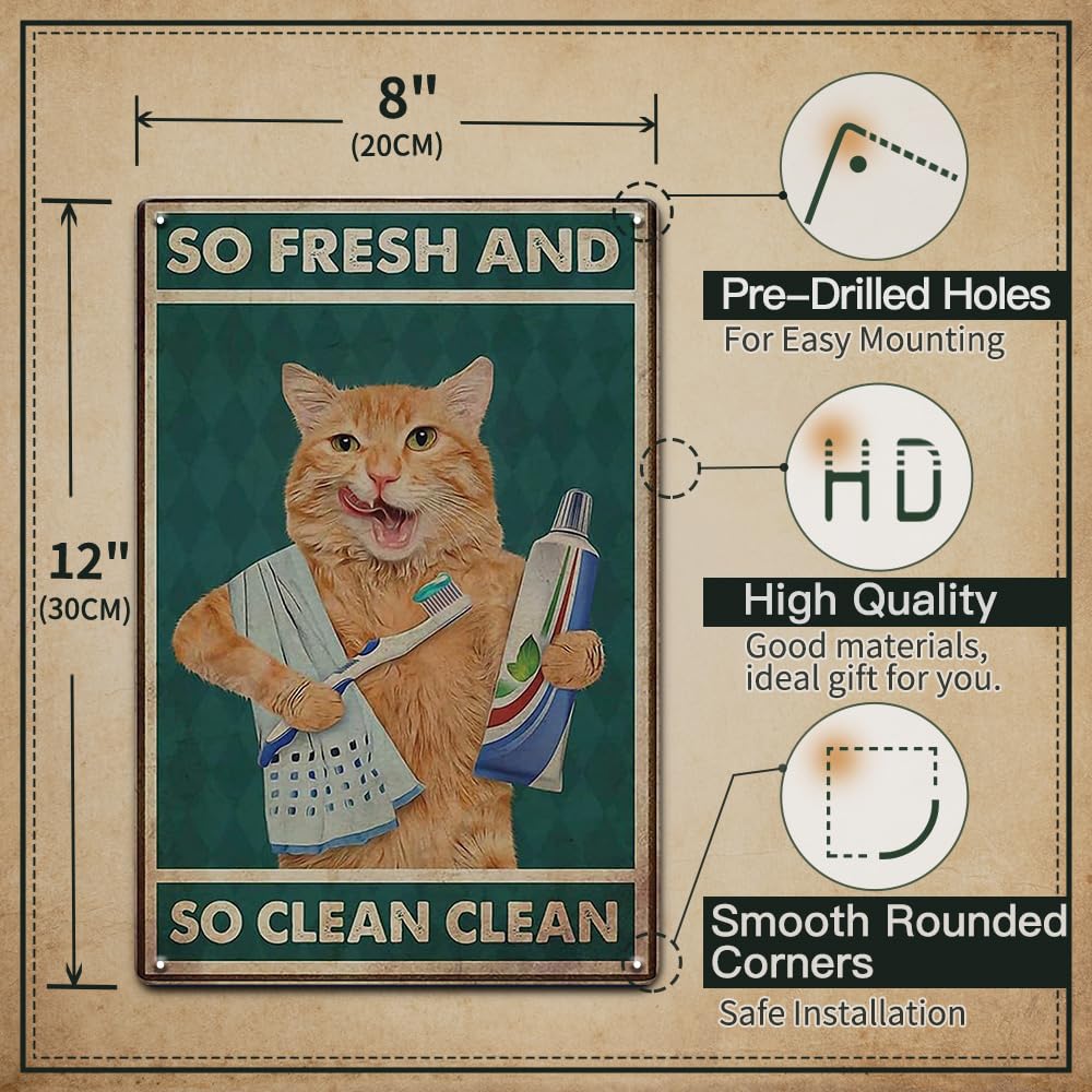 Cat Bathroom Wall Decor Cat Signs Gifts for Cat Lovers, Orange Cat Brushing Teeth And Washing Face Bathroom Decor Weird Stuff, 12x8 Inches Cat Decor Funny Bathroom Signs