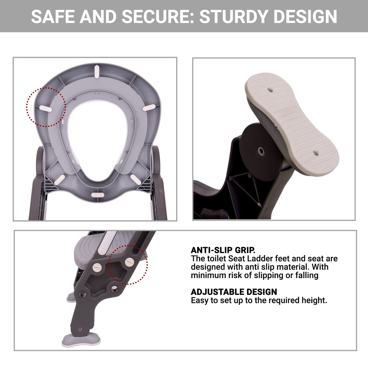 Straame Toddler Toilet Ladder Seat - Adjustable Potty-Training Seat, Soft Cushion Seat and Anti-Slip Steps Design - Easy to Install Portable Children Potty Training Chair (Grey-White)