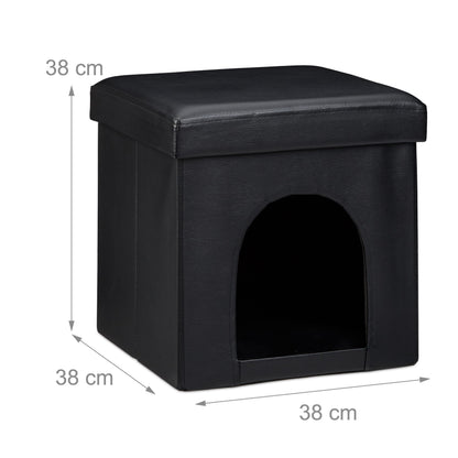 Dog House Ottoman, 38 x 38 x 38 cm, Seat Box with Practical Hole for Pets, Faux Leather, Removable Lid, Black