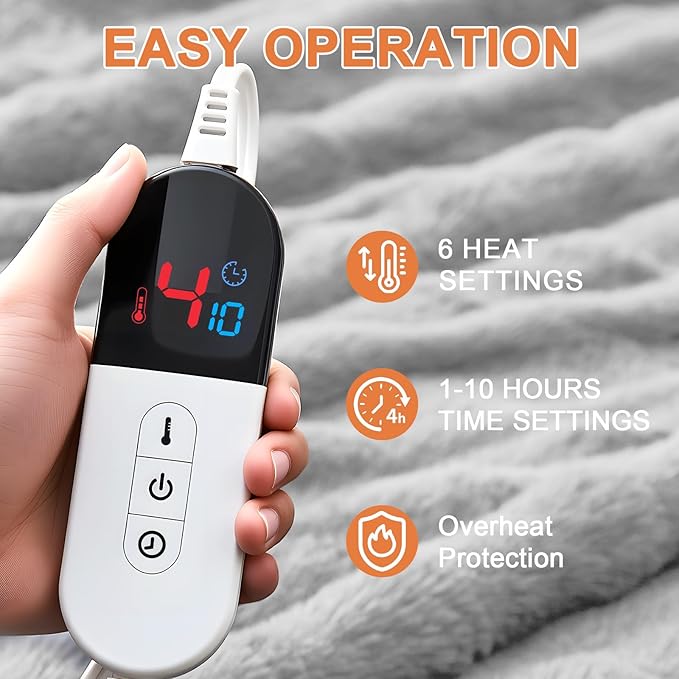 Heated Blanket Electric Throw Blanket 84''X 90''-Heating Blanket with 6 Heat Settings-10 Hours Auto Off,Cozy Faux Rabbit Fur Bubble Electric Blanket,Light Gray