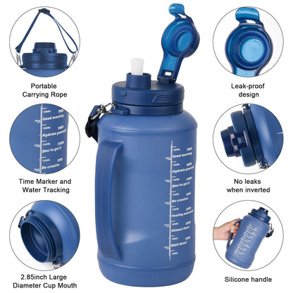 Collapsible Water Bottles, 2L/64OZ travel water bottle Bottle with Straw, Half Gallon Large Water Bottle for Travel Outdoor Sports Runing Fitness Yoga (Upgraded blue)