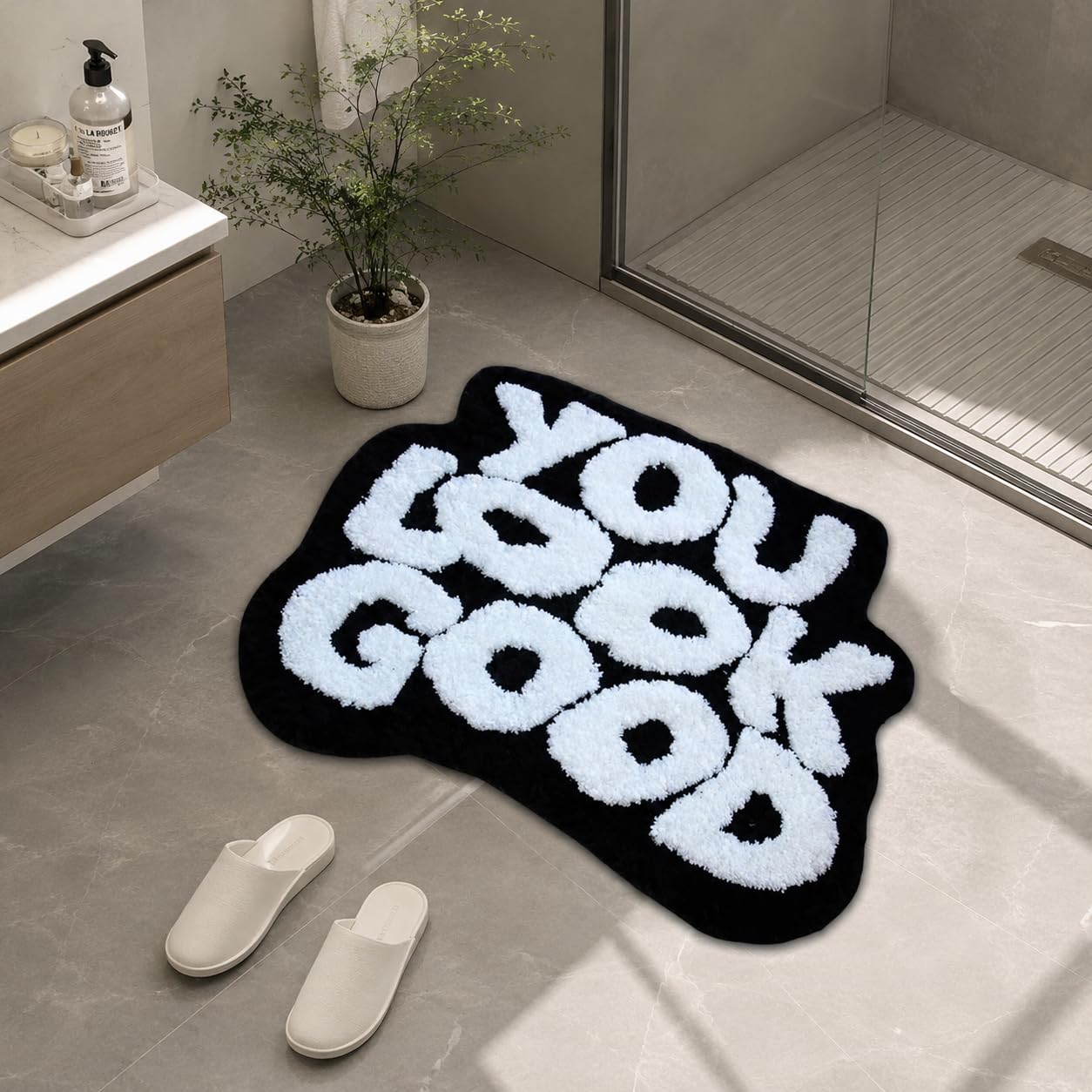 Bathroom Rug Mat 25"x21": Funny Aesthetic Tufted Bath Rug, Soft Absorbent Microfiber Bath Carpet with Non-Slip Rubber Backing; Machine Washable Bath Mat for Tub Shower, 2.1'x1.75', Black White