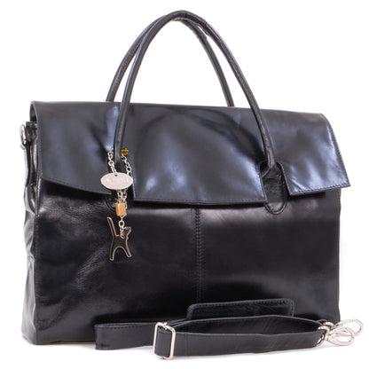 Catwalk Collection Handbags - Women's Leather 17 Inch Padded Laptop Bag - Ladies Large Briefcase Work Bag - With Cross Body Strap - Helena - Black