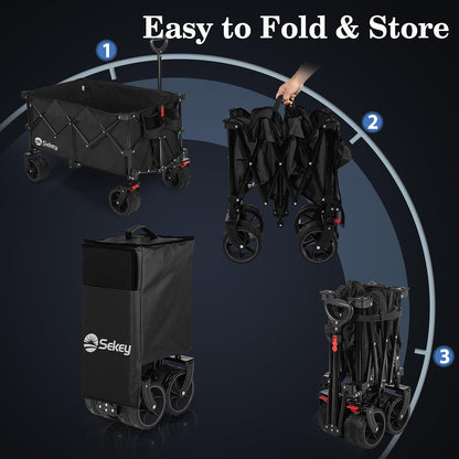 Sekey 200L Folding Festival Trolley with All-Terrain Extra Wide Wheels and Brake, Heavy-Duty Cart Loadable up to 150KG, Patented Four-Directional Foldable Design, Wagon for Beach Camping Garden, Black